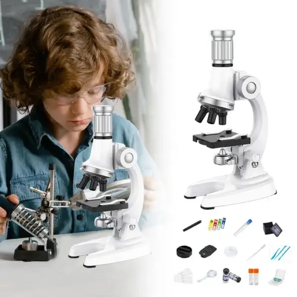 Beginner microscope kit for kids - 100X-1200X magnification with LED light for science experiments.