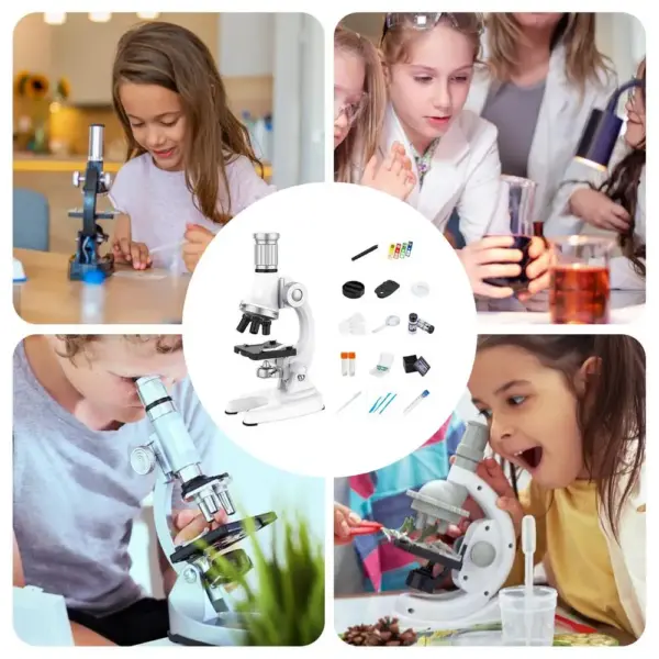 Beginner microscope kit for kids - 100X-1200X magnification with LED light for science experiments.